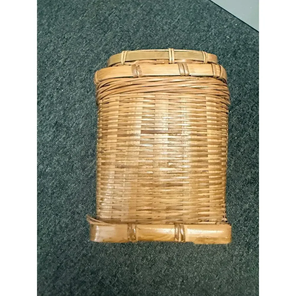 Vintage Hand-woven Storage Basket Checkerboard Pattern Reinforced Framing